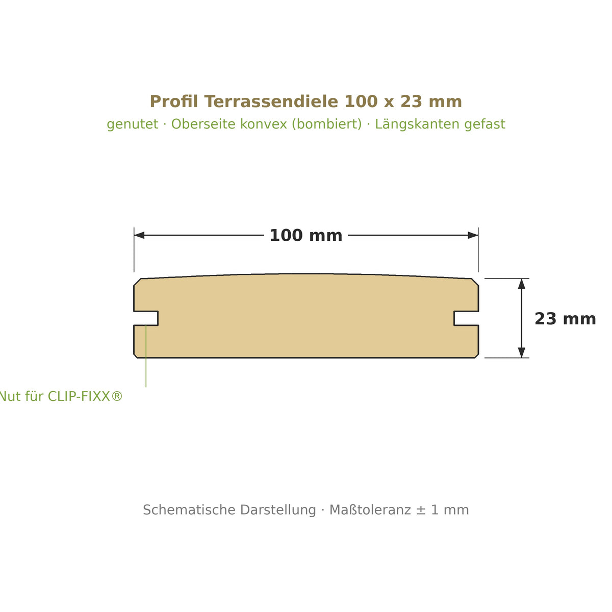 Profilzeichnung Terrassendiele 100 x 23 mm, genutet, bombiert, Längskanten gefast