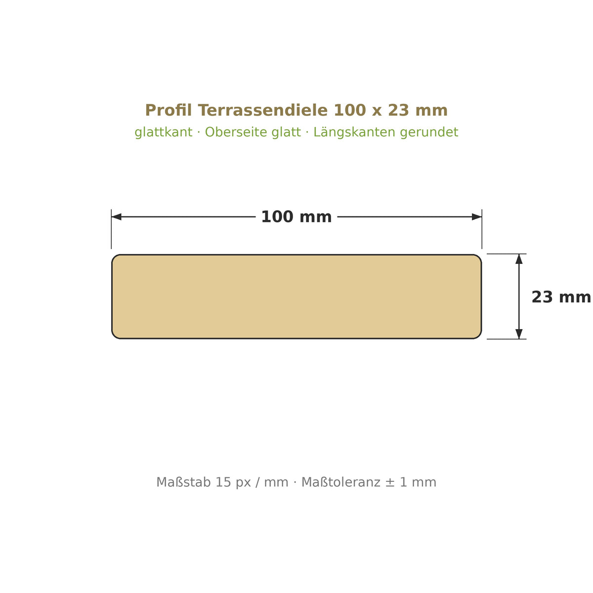 Profilzeichnung Terrassendiele 100 x 23 mm, glattkant, Längskanten gerundet