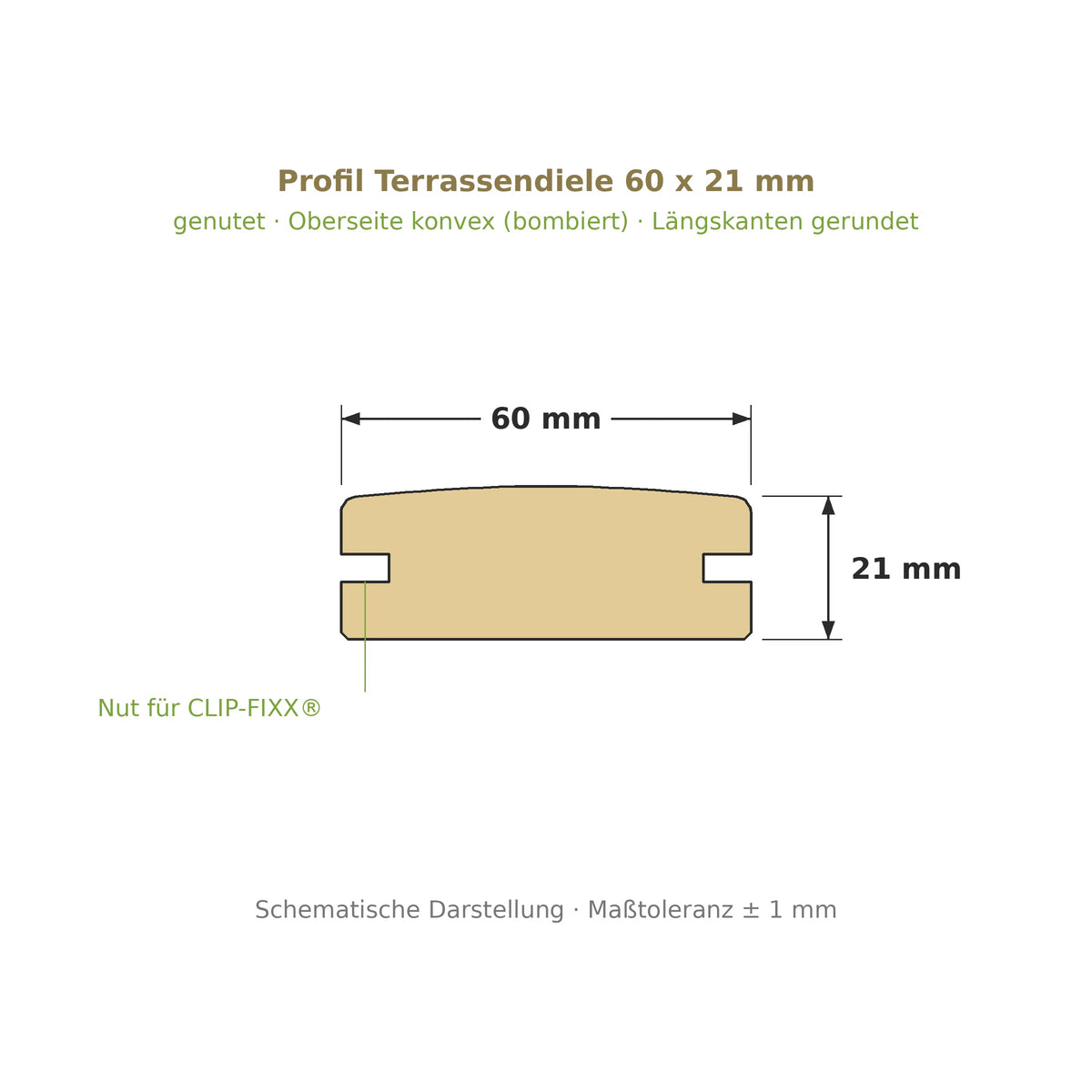 Profilzeichnung Terrassendiele 60 x 21 mm, genutet, bombiert, Längskanten gerundet