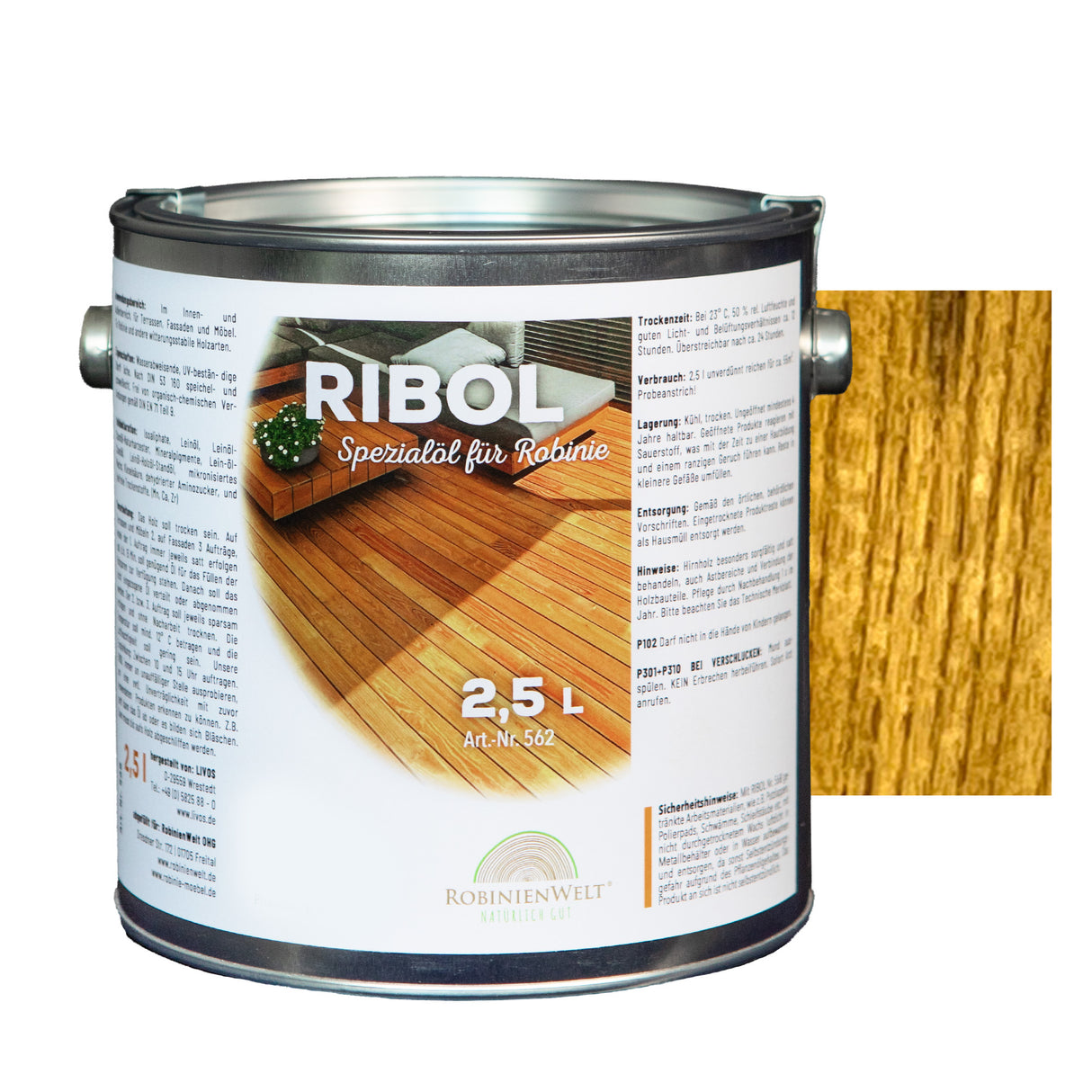 RIBOL Holzschutz-Öl NATUR (farblos) für Harthölzer (z.B. Robinie, Eiche, Teak u.v.m.), Nr. 562, 2,5 Liter (für max. 55qm)