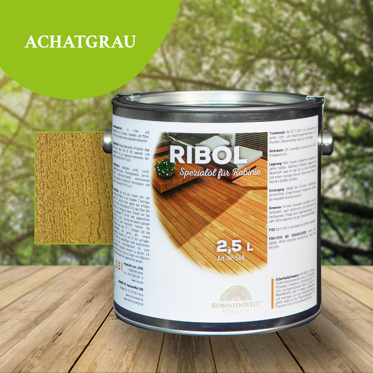 RIBOL Holzschutz-Öl Farbe: "ACHATGRAU" für Harthölzer (z.B. Robinie, Eiche, Teak u.v.m.), Nr. 569-794-250, 2,5 Liter (für max. 55qm)