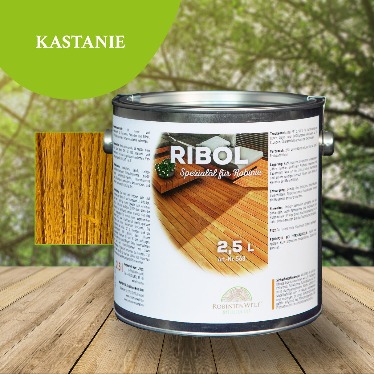 RIBOL Holzschutz-Öl Farbe: "KASTANIE" für Harthölzer (z.B. Robinie, Eiche, Teak u.v.m.), Nr. 569-048-250, 2,5 Liter (für max. 55qm)