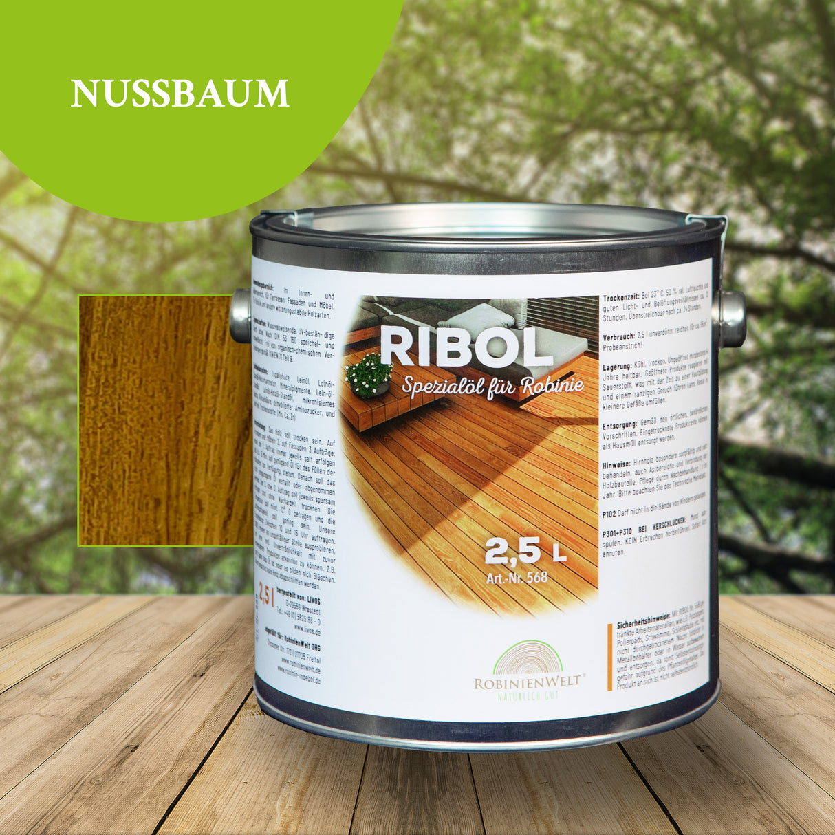 RIBOL Holzschutz-Öl Farbe: "NUSSBAUM" für Harthölzer (z.B. Robinie, Eiche, Teak u.v.m.), Nr. 569-062-250, 2,5 Liter (für max. 55qm)