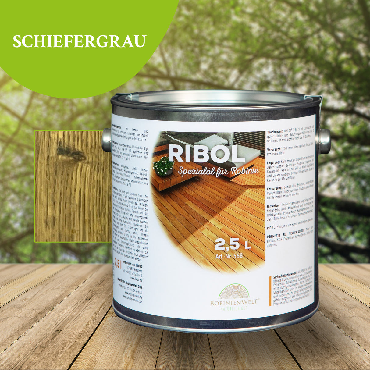 RIBOL Holzschutz-Öl Farbe: "SCHIEFERGRAU" für Harthölzer (z.B. Robinie, Eiche, Teak u.v.m.), Nr. 569-748-250, 2,5 Liter (für max. 55qm)