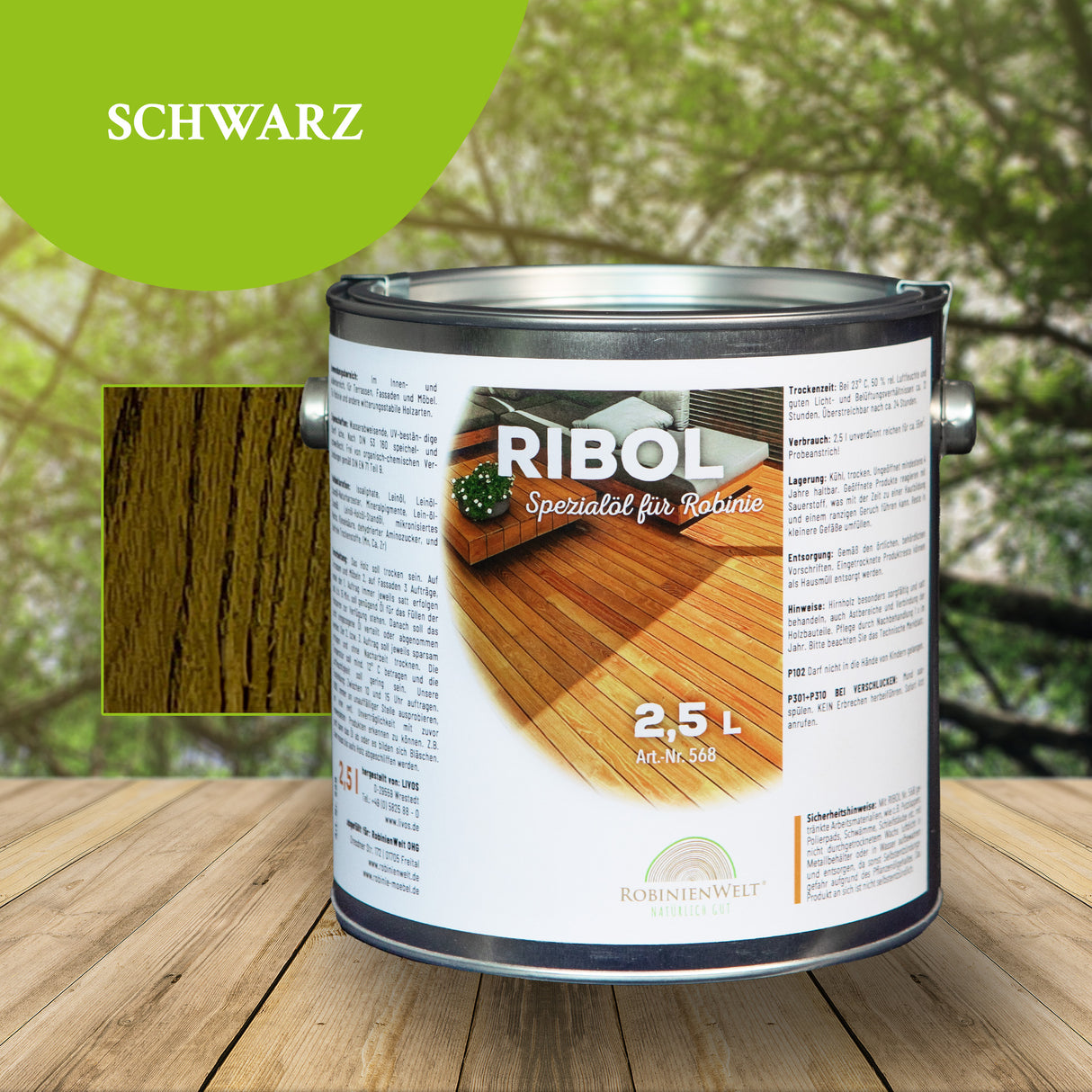 RIBOL Holzschutz-Öl Farbe: "SCHWARZ" für Harthölzer (z.B. Robinie, Eiche, Teak u.v.m.), Nr. 569-101-250, 2,5 Liter (für max. 55qm)