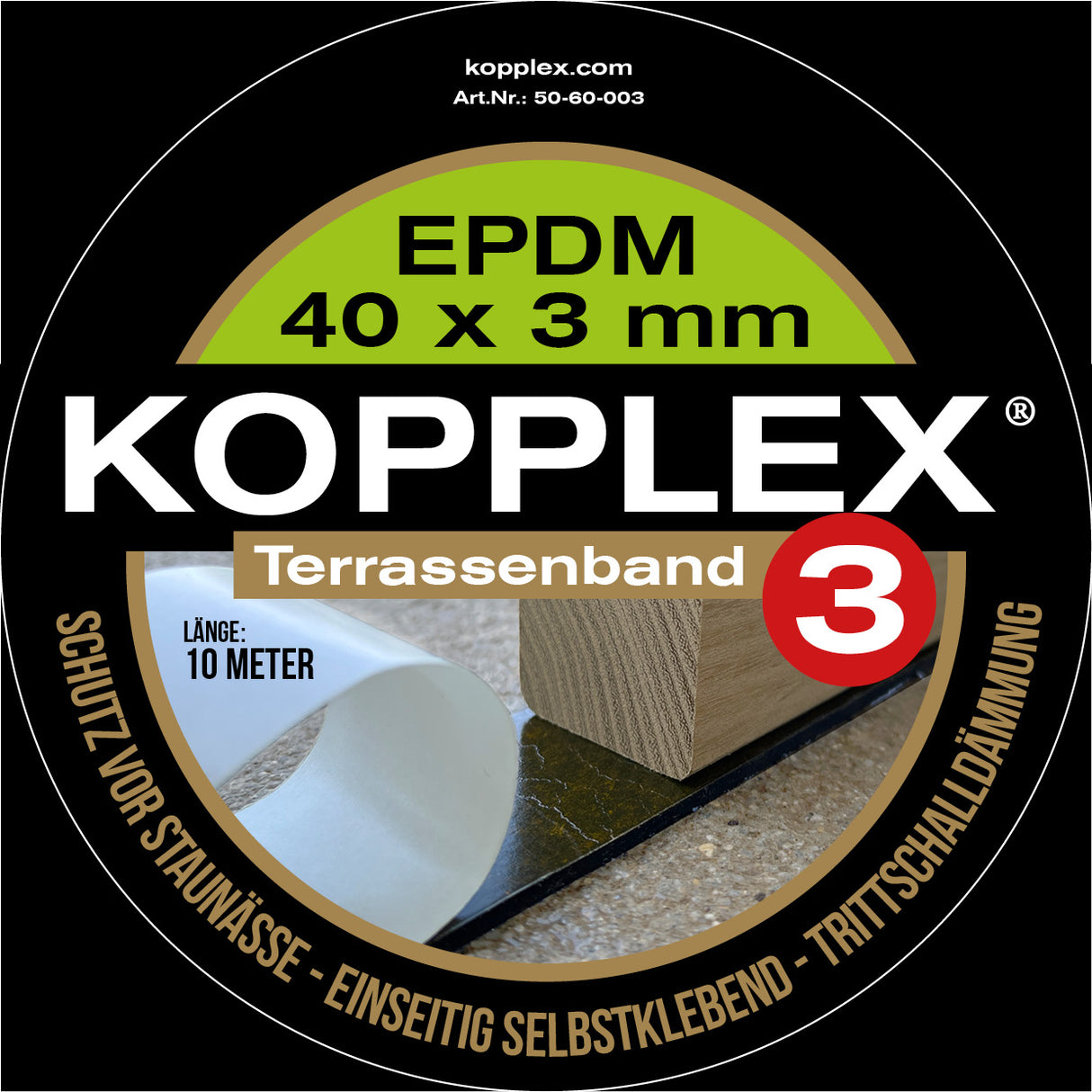 KOPPLEX-3, caoutchouc plein EPDM, rouleau de 10 m 40 mm x 3 mm