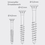 Edelstahl-Bohrschrauben (4,5 x 45 mm) – gehärtet, TX-Antrieb, 3-Zonen-Senkkopf, für Holzverbindungen, 150 Stück