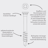 Edelstahl-Profilbohrschrauben mit Zylinderkopf (Länge 50 mm, Durchmesser 5,5 mm) – selbstbohrend, TX25-Antrieb, 3-Zonen-Senkkopf, für Holz auf Aluminium, 100 Stück