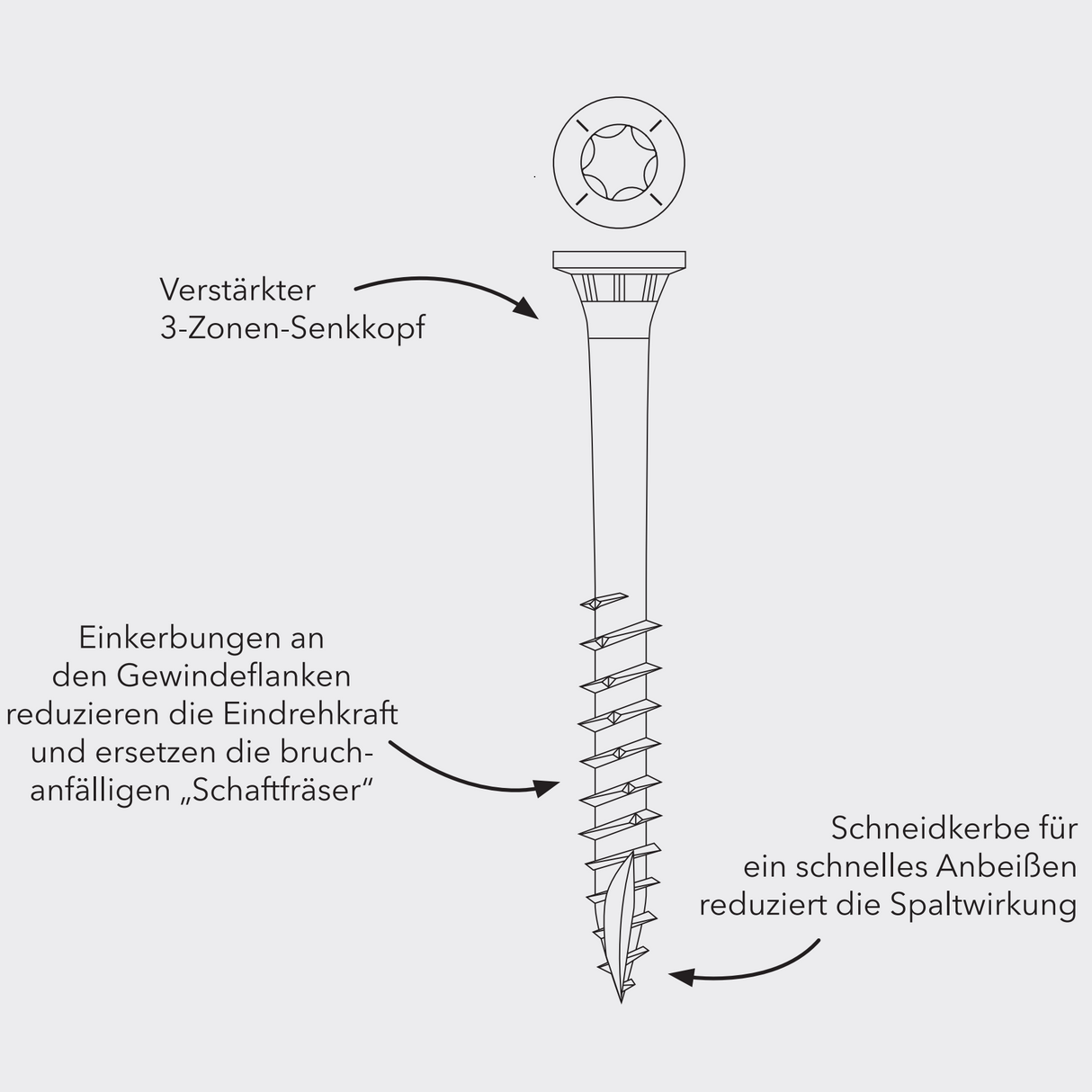 Edelstahl-Terrassenschrauben mit 3-Zonen-Senkkopf (5,0 x 70 mm) – selbstschneidend, TX25-Antrieb, für Holz auf Holz, 100 Stück