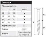 Edelstahl-Terrassenschrauben mit 3-Zonen-Senkkopf (5,0 x 70 mm) – selbstschneidend, TX25-Antrieb, für Holz auf Holz, 100 Stück