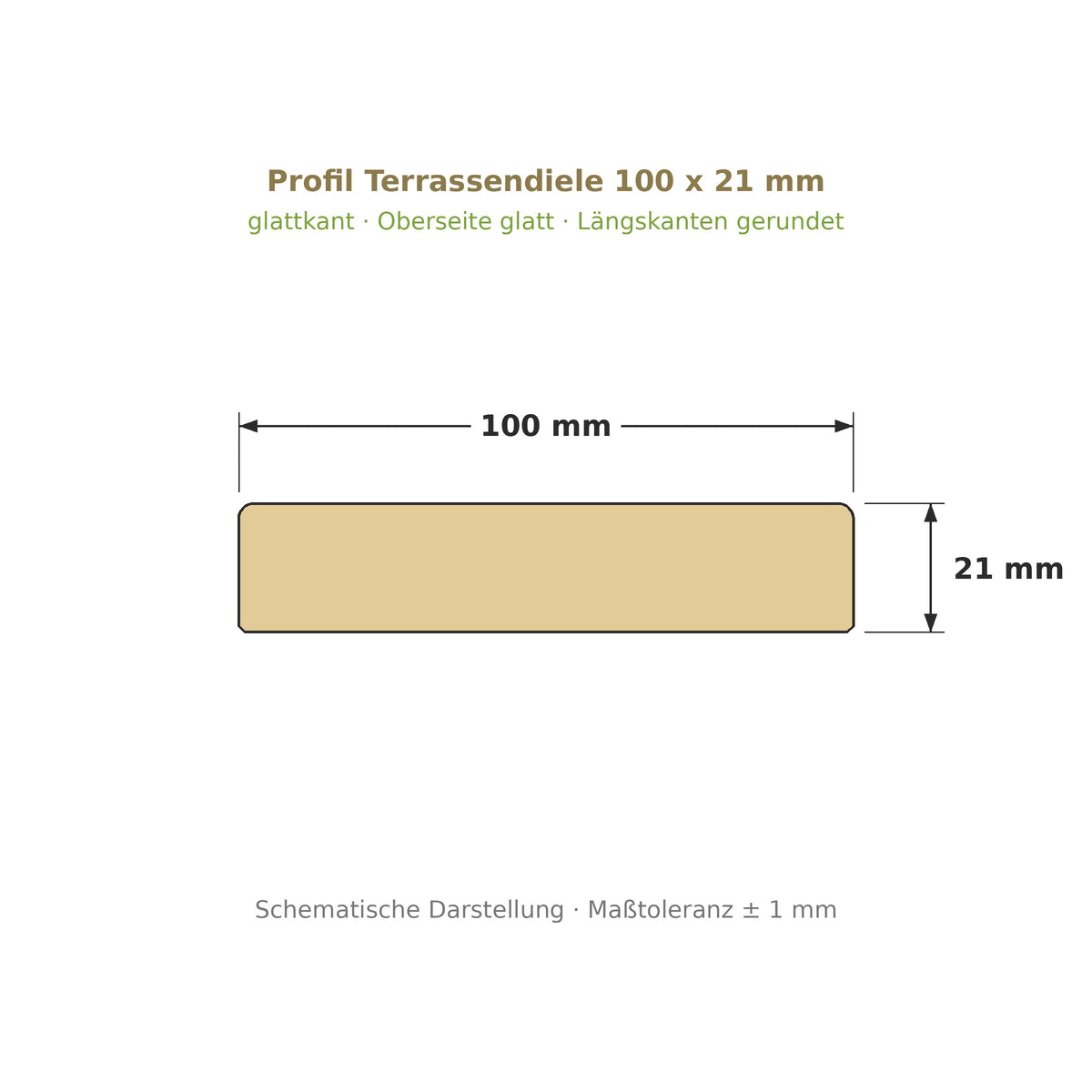 Profilzeichnung Terrassendiele 100 x 21 mm, glattkant, Längskanten gerundet