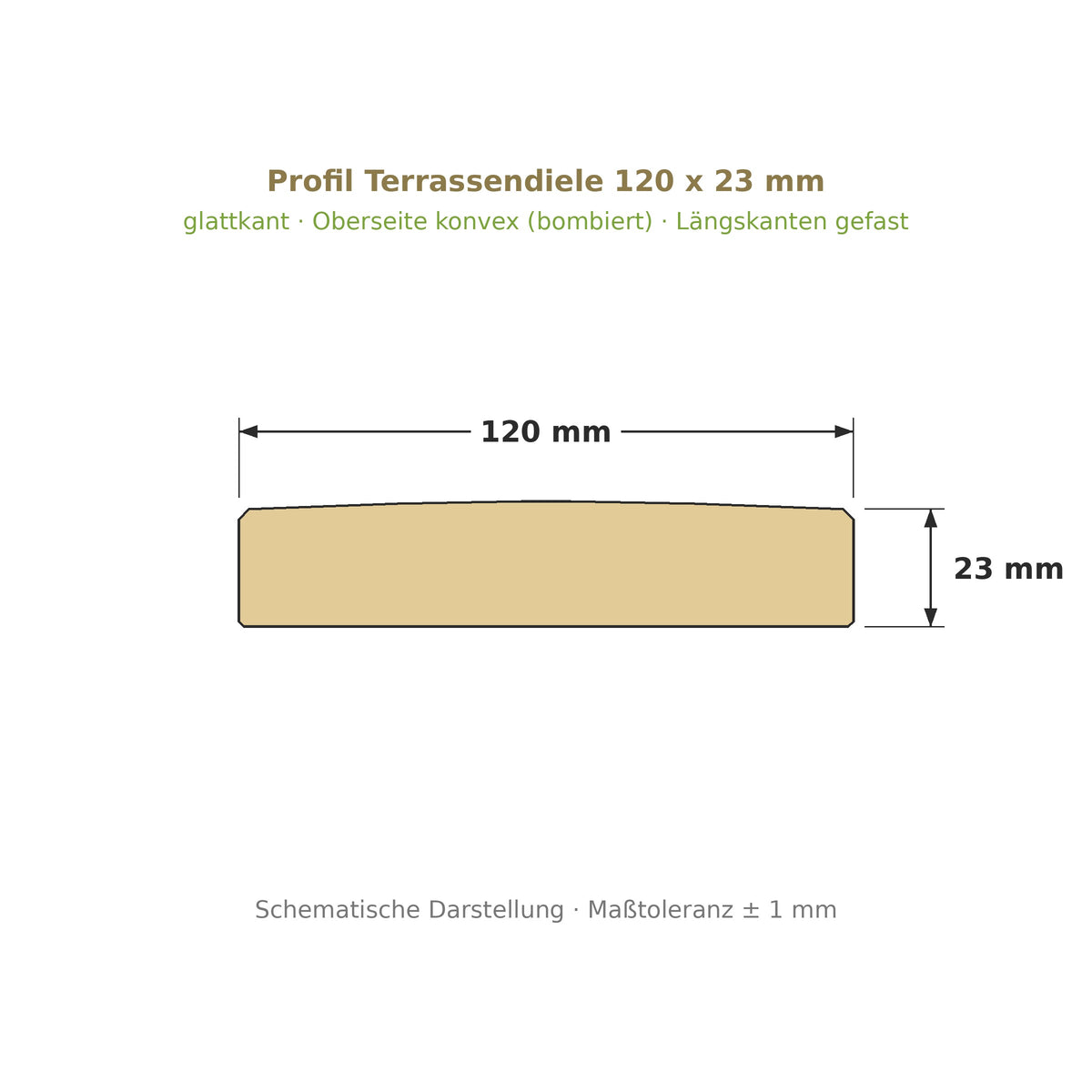 Profilzeichnung Terrassendiele 120 x 23 mm, glattkant, bombiert, Längskanten gefast