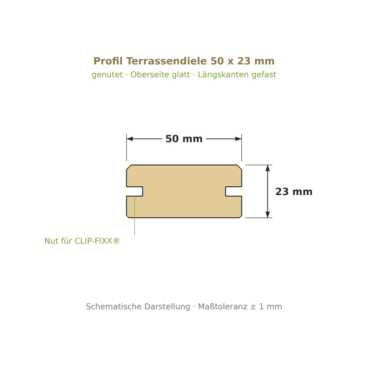Profilzeichnung Terrassendiele 50 x 23 mm, genutet, Längskanten gefast