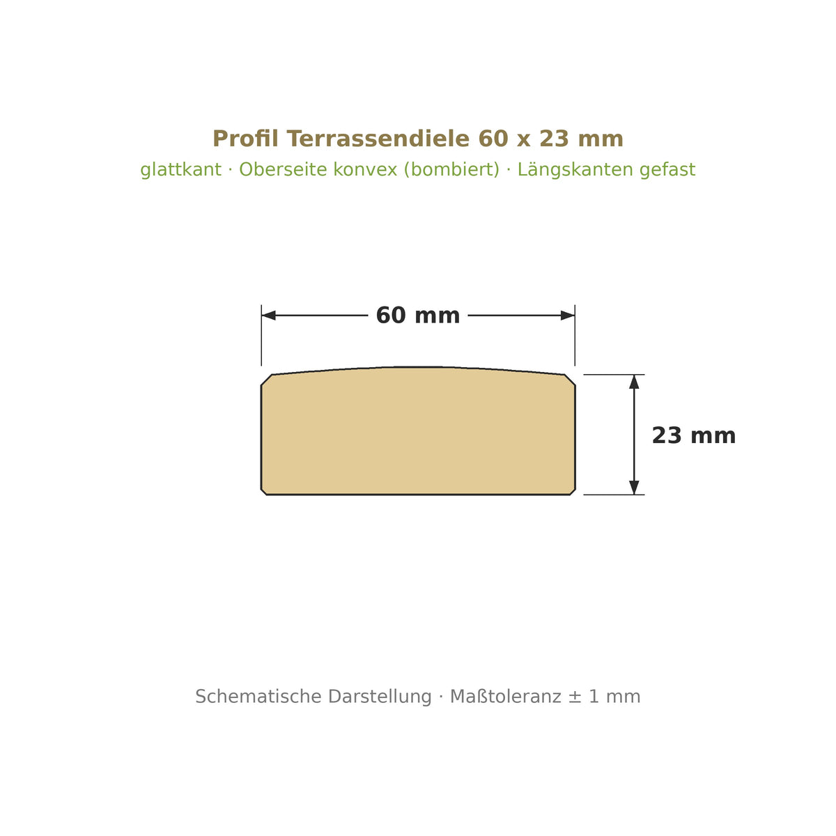 Profilzeichnung Terrassendiele 60 x 23 mm, glattkant, bombiert, Längskanten gefast