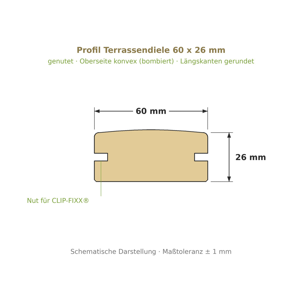 Profilzeichnung Terrassendiele 60 x 26 mm, genutet, bombiert, Längskanten gerundet