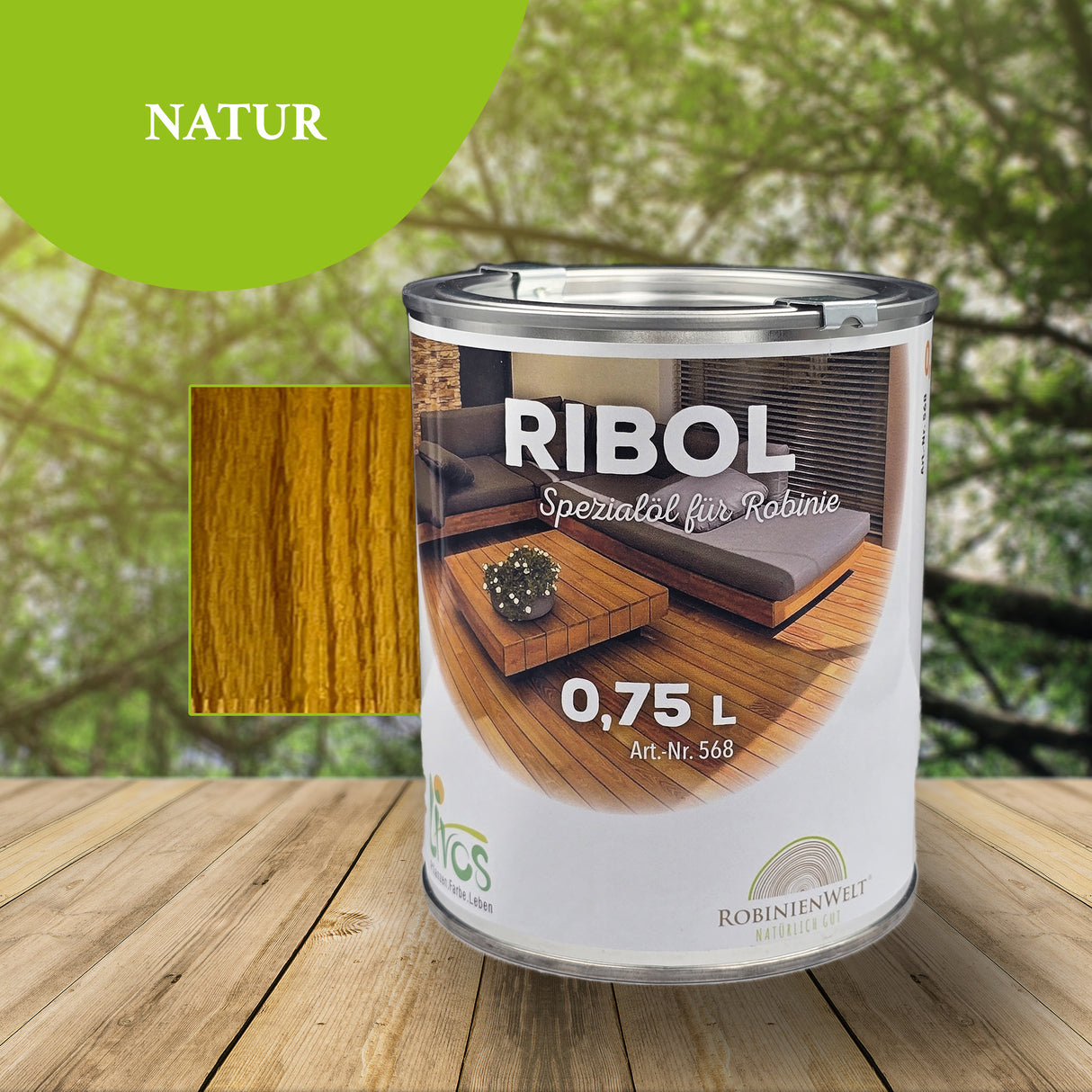 RIBOL Holzöl „NATUR - Farbton Robinie 568“, 0,75 Liter (reicht für bis zu 17 qm)